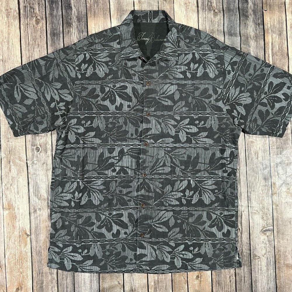 Tommy Bahama 100% Silk Hawaiian Floral Short Sleeve Button Shirt Large Grey Camp